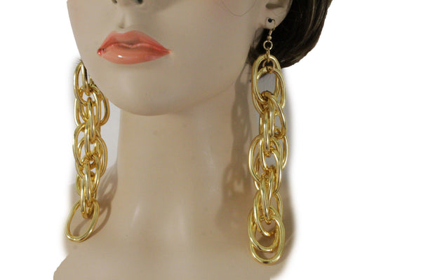 Gold Metal Chain Chunky Thick Links Hip Hop Long Drop Earrings Set New Women Accessories