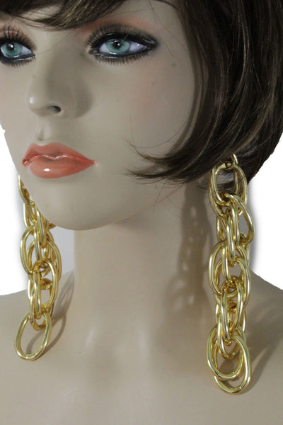 Gold Metal Chain Chunky Thick Links Hip Hop Long Drop Earrings Set New Women Accessories