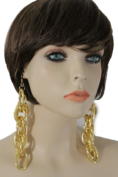 Gold Metal Chain Chunky Thick Links Hip Hop Long Drop Earrings Set New Women Accessories