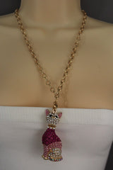 Gold Metal Chain Cute Pink House Cat Multi Rhinestones Pendant Long Necklace