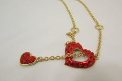 Gold Metal Chain Inside Out Red Heart Rhinestone Long Necklace
