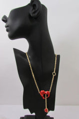 Gold Metal Chain Inside Out Red Heart Rhinestone Long Necklace