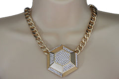 Gold Metal Chain Link Big Geometric Botton Charm Short Necklace