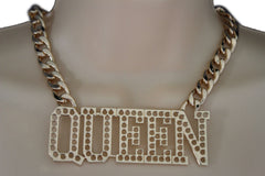 Gold Metal Chain Link Big QUEEN Holes Charm Short Necklace
