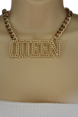 Gold Metal Chain Link Big QUEEN Holes Charm Short Necklace
