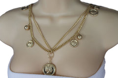 Gold Metal Chain Link Multi Coins 2 Strands Charms Long Necklace