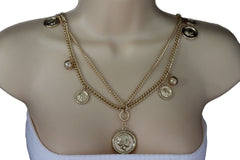 Gold Metal Chain Link Multi Coins 2 Strands Charms Long Necklace