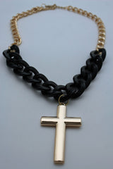 Gold Metal Chain Links Charm Black Big Cross Pendant Long Necklace