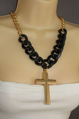 Gold Metal Chain Links Charm Black Big Cross Pendant Long Necklace