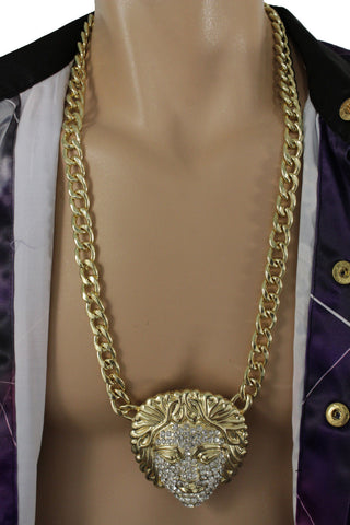 Gold Metal Chain Links Cool Long Necklace Medusa Head Face Pendant Hip Hop New Men Accessories