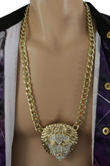 Gold Metal Chain Links Cool Long Necklace Medusa Head Face Pendant Hip Hop Men