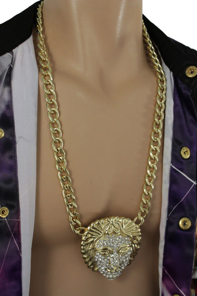 Gold Metal Chain Links Cool Long Necklace Medusa Head Face Pendant Hip Hop New Men Accessories