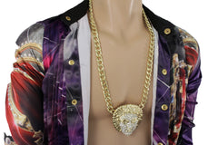 Gold Metal Chain Links Cool Long Necklace Medusa Head Face Pendant Hip Hop Men