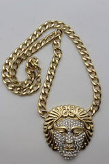 Gold Metal Chain Links Cool Long Necklace Medusa Head Face Pendant Hip Hop Men