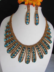 Gold Chain Flowers Statement Jewelry Brown Blue Rhinestones Necklace Earrings Accessories