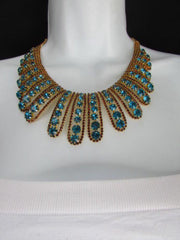 Gold Chain Flowers Statement Jewelry Brown Blue Rhinestones Necklace Earrings Accessories