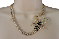 Gold Metal Chain Pearl Bead Choker Short Necklace Silver Black Rhinestones Big Scorpion Pendant