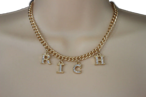 Gold Metal Chain RICH Letters Pendant Short Necklace New Women Fashion Jewelry Accessories