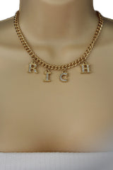 Gold Metal Chain RICH Letters Pendant Short Necklace