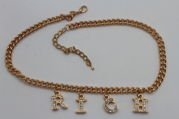 Gold Metal Chain RICH Letters Pendant Short Necklace New Women Fashion Jewelry Accessories