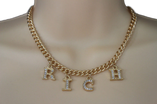 Gold Metal Chain RICH Letters Pendant Short Necklace New Women Fashion Jewelry Accessories