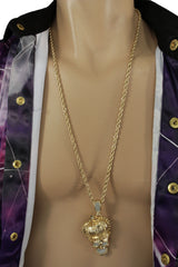 Gold Metal Chain Skeleton Skull Charm Crown 3D Pendant Long Necklace Hip Hop Style Men