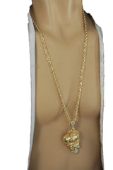 Gold Metal Chain Skeleton Skull Charm Crown 3D Pendant Long Necklace Hip Hop Style Men