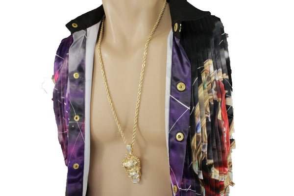 Gold Metal Chain Skeleton Skull Charm Crown 3D Pendant Long Necklace Hip Hop Style New Men Accessories