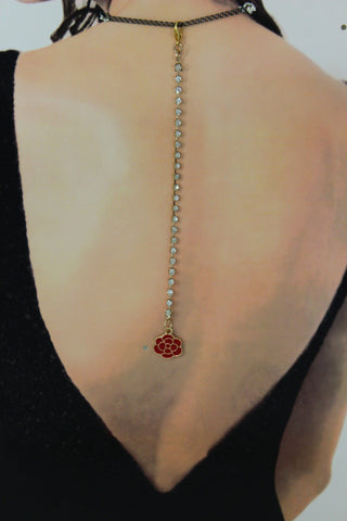 Gold Metal Chains Back Pendant Necklace Silver Beads Red Flower New Women Accessories