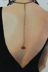 Gold Metal Chains Back Pendant Necklace Silver Beads Red Flower