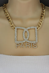 Gold Metal Chains Big D Hand Cuffs Paris Charm Short Necklace