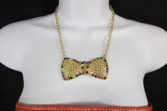 Gold Metal Chains Ribbon Bow Multicolor Rhinestones Short Necklace