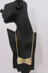 Gold Metal Chains Ribbon Bow Multicolor Rhinestones Short Necklace