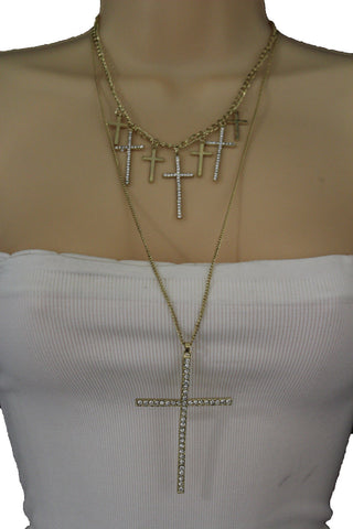 Gold Metal Chains Big Small Crosses Pendant Charm Sexy Necklace New Women Fashion Jewelry Accessories