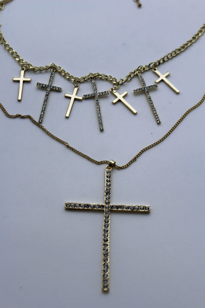 Gold Metal Chains Big Small Crosses Pendant Charm Sexy Necklace New Women Fashion Jewelry Accessories