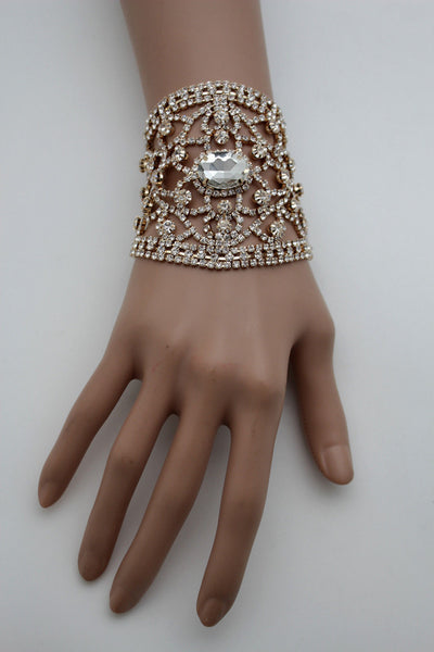 Gold Metal Chains Bracelet Silver Rhinestones Bridal Wedding Wrist New Women Accessories