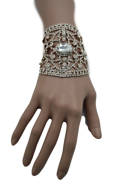 Gold Metal Chains Bracelet Silver Rhinestones Bridal Wedding Wrist New Women Accessories