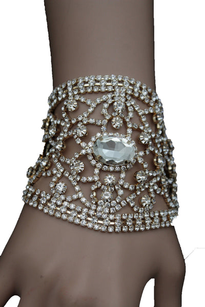 Gold Metal Chains Bracelet Silver Rhinestones Bridal Wedding Wrist New Women Accessories