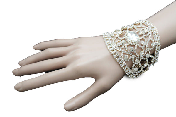 Gold Metal Chains Bracelet Silver Rhinestones Bridal Wedding Wrist New Women Accessories