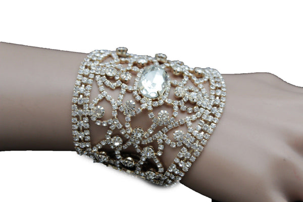 Gold Metal Chains Bracelet Silver Rhinestones Bridal Wedding Wrist New Women Accessories