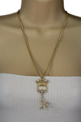 Gold Metal Chains King Crown Queen Key Charm Long Necklace