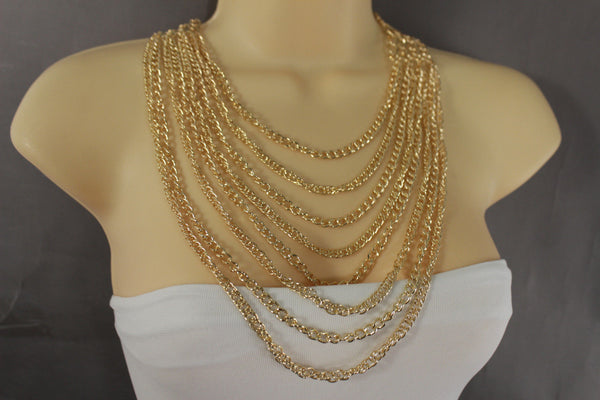 Gold Metal Chains Links 8 Strands Long Necklace New Women Fashion Jewelry Accessories
