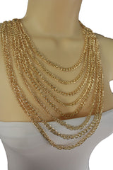Gold Metal Chains Links 8 Strands Long Necklace