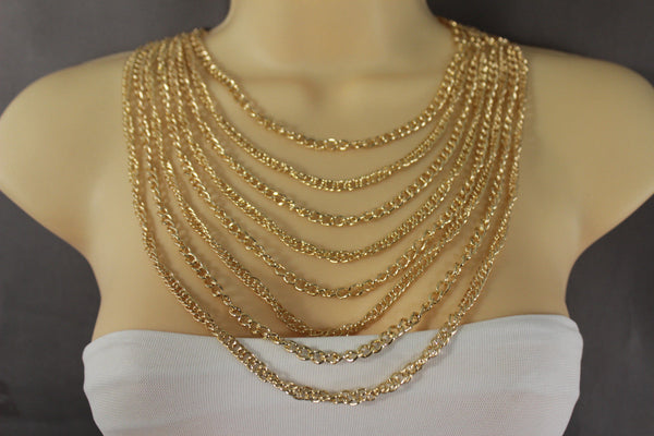 Gold Metal Chains Links 8 Strands Long Necklace New Women Fashion Jewelry Accessories
