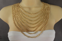 Gold Metal Chains Links 8 Strands Long Necklace