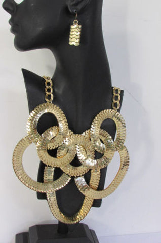 Gold Metal Chains Rings Shape Geometric Pendant Chunky Necklace Earings Set New Women Fashion Accessories