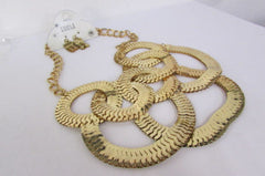 Gold Metal Chains Rings Shape Geometric Pendant Chunky Necklace Earings Set