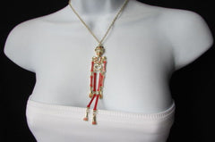 Gold Metal Chains Red Skeleton Body Pendant 13" Long Necklace Halloween Style