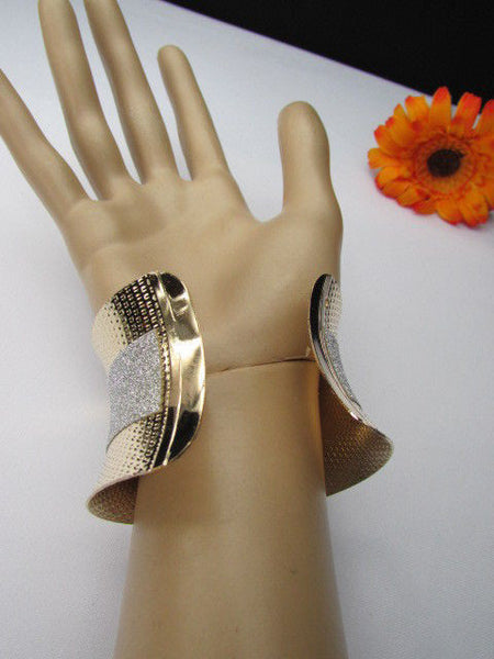 Gold Metal Cuff Bracelet Horizontal Silver Shiny Glitter Stripes New Women Fashion Accessories - alwaystyle4you - 11
