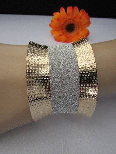 Gold Metal Cuff Bracelet Horizontal Silver Shiny Glitter Stripes New Women Fashion Accessories - alwaystyle4you - 12